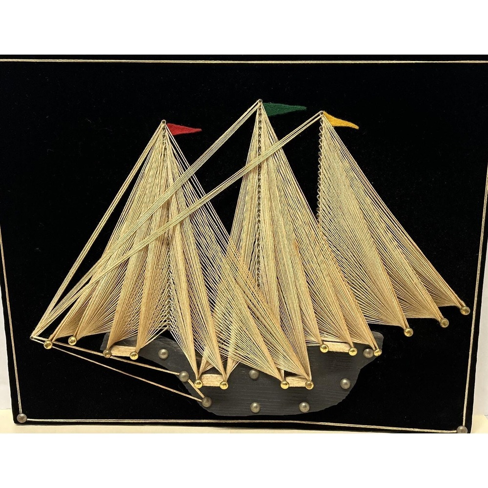 MCM String Art Sailboat Clipper Ship Boat Mid Century Coastal Nautical‎ Velvet